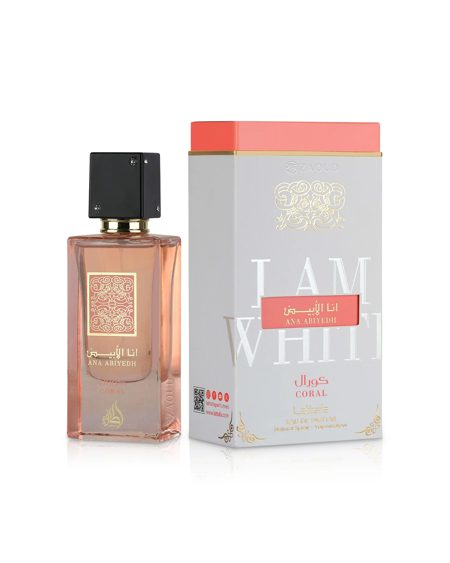 Lattafa-Ana-abiyedh-coral-perfume-bottle-beside-box-against-white-background