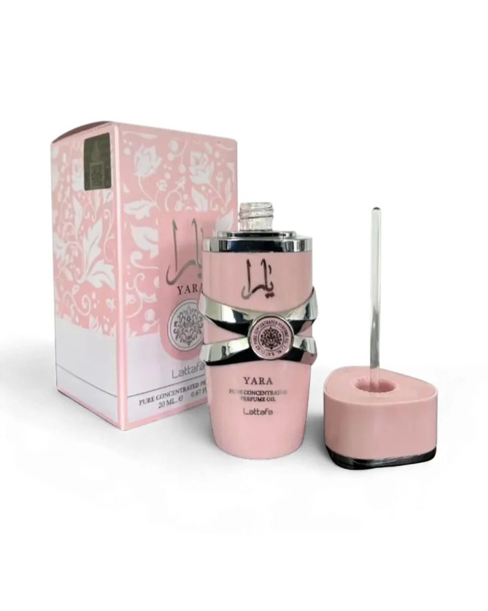 lattafa-Yara-perfume-oil-bottle-cap-opened-beside-box-against-white-background